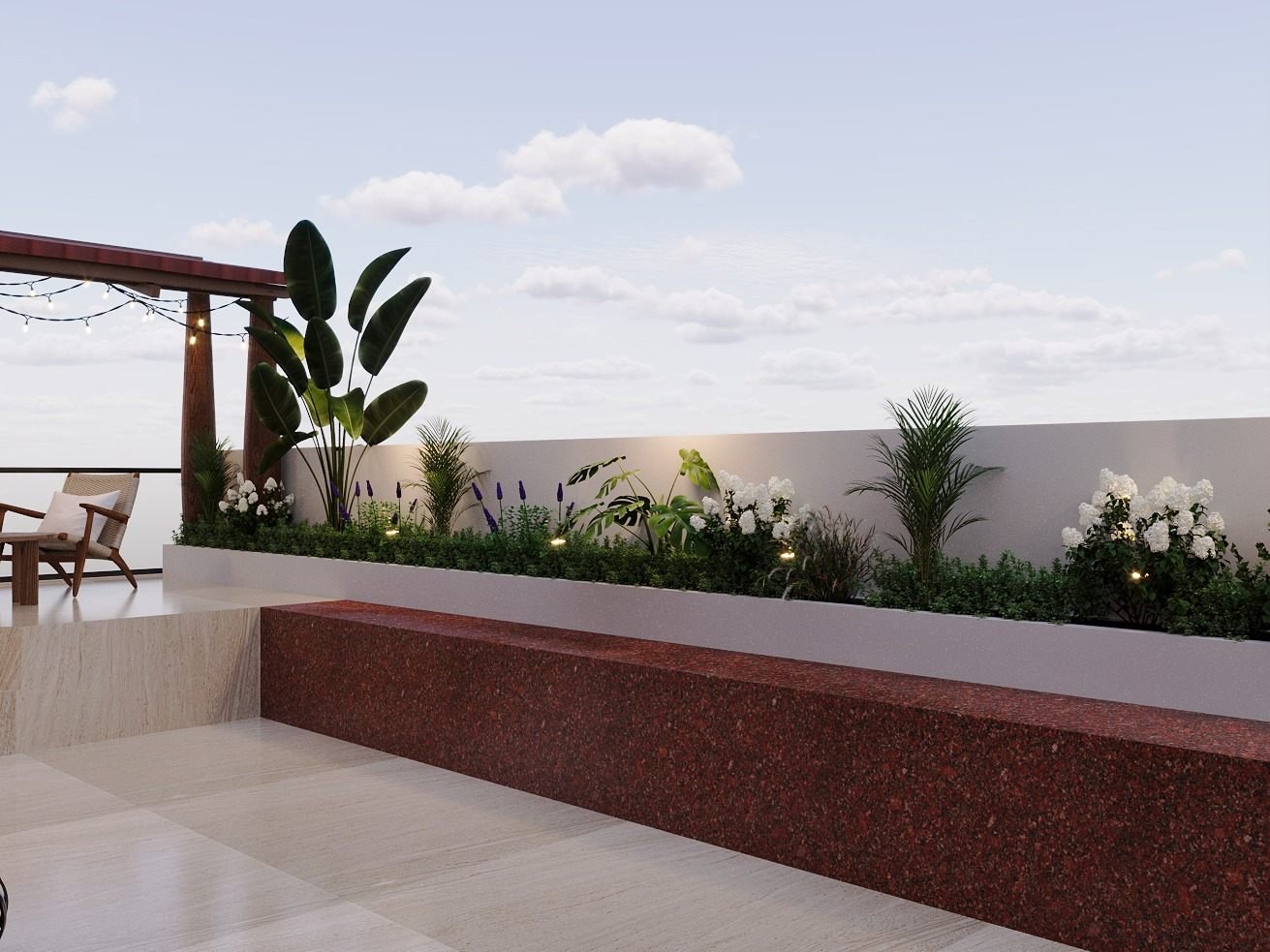 Rooftop Terrace - planter and red granite bench